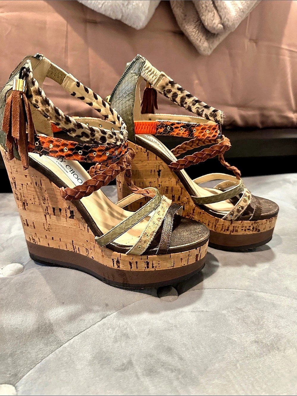 Jimmy Choo Animal Print Wedge Sandals in Brown & Green
